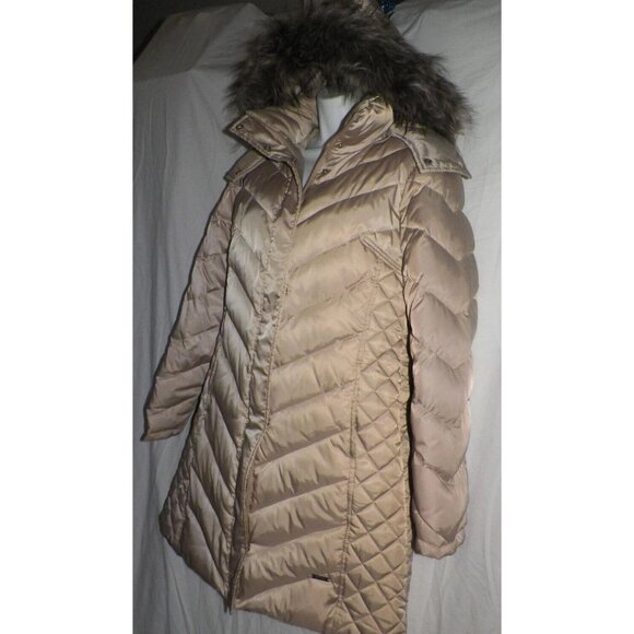 Women's M Reaction Kenneth Cole GIII Down Puffer Coat Satin Champagne Fur Hood - Picture 10 of 14